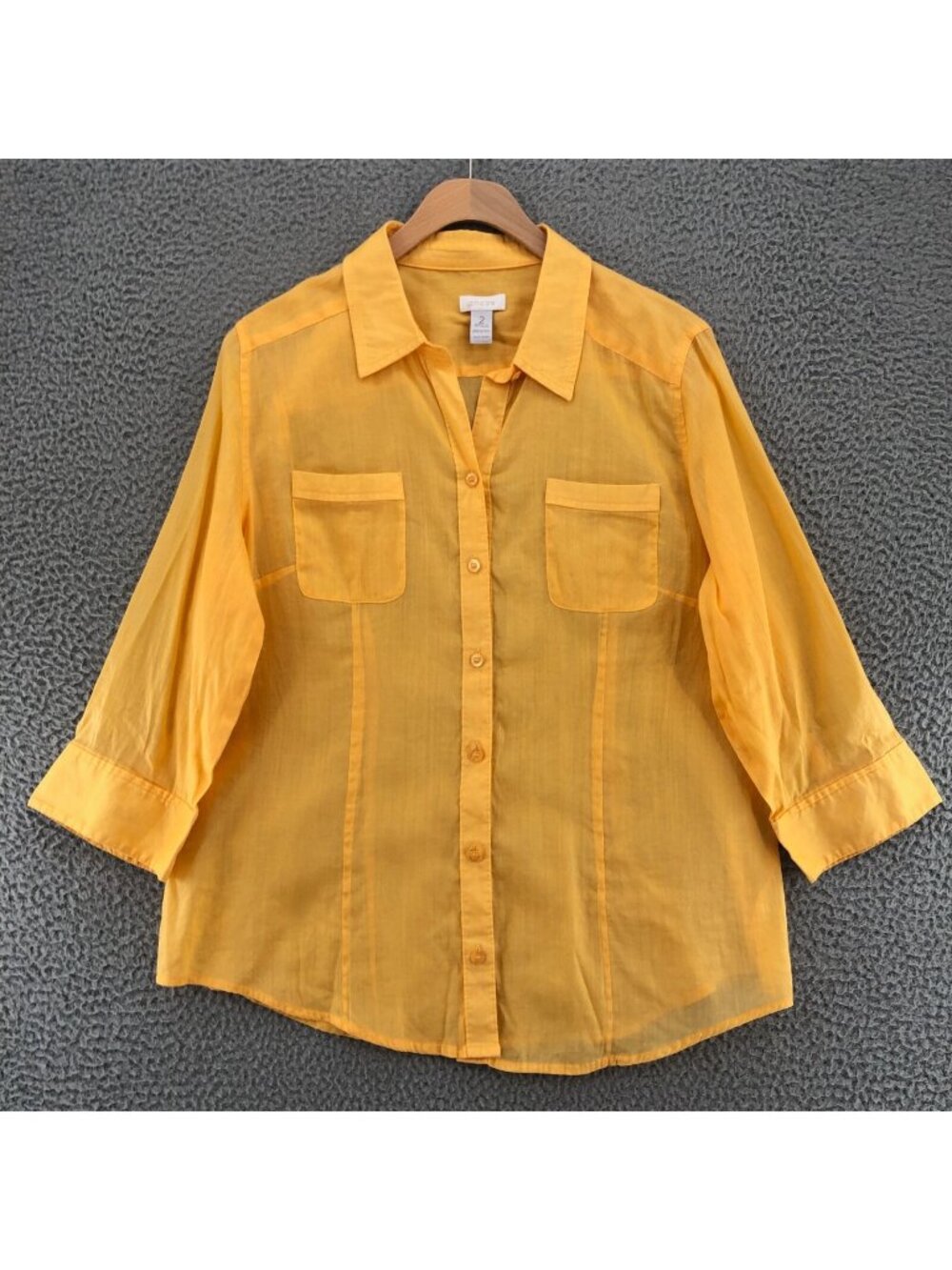 Chicos Shirt Womens 2 US Large Yellow Ramie Cotton 3/4 Sleeves Collared Pockets